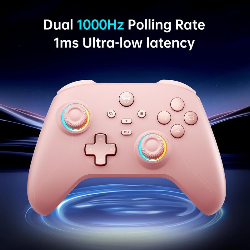 MACHENIKE جهاز تحكم بلوتوث G3V2 لجهاز الكمبيوتر/سويتش/آي أو إس/أندرويد، عصي تحكم بتأثير هول، إضاءة RGB، جهاز تحكم للألعاب، 2 زر قابل للبرمجة، بطارية 1000 مللي أمبير مع محطة شحن، وردي - Image 3